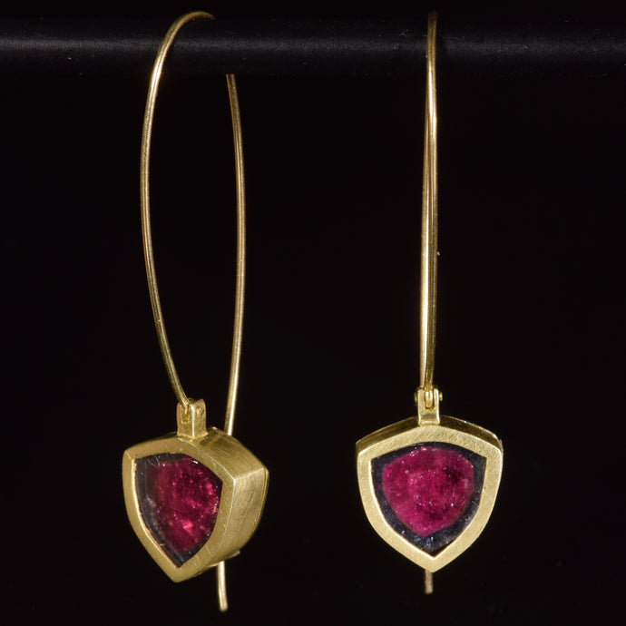 Watermelon tourmaline mirrored slices on long 18K hoops