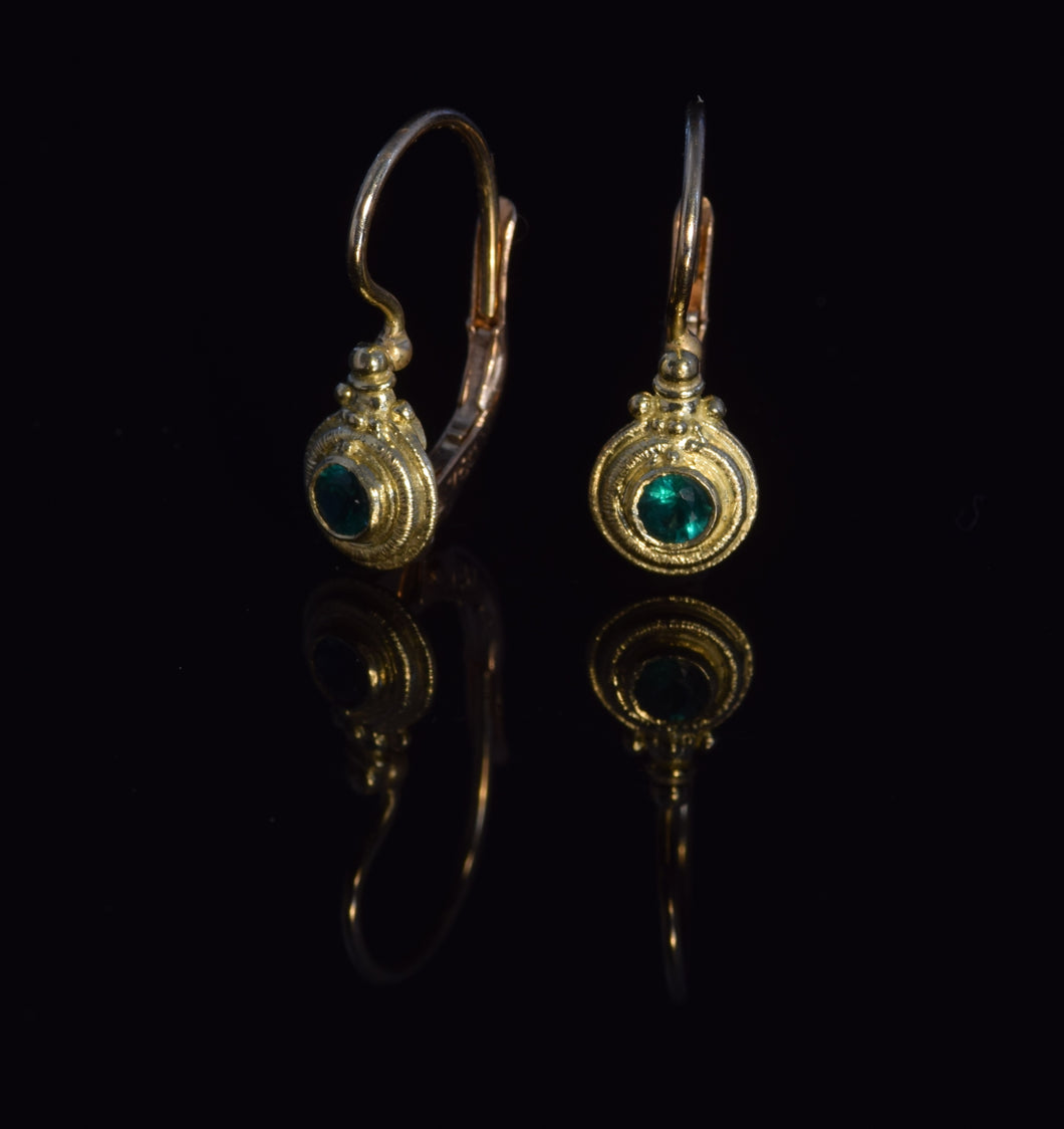 18K yellow gold 3mm faceted emerald French hook earrings