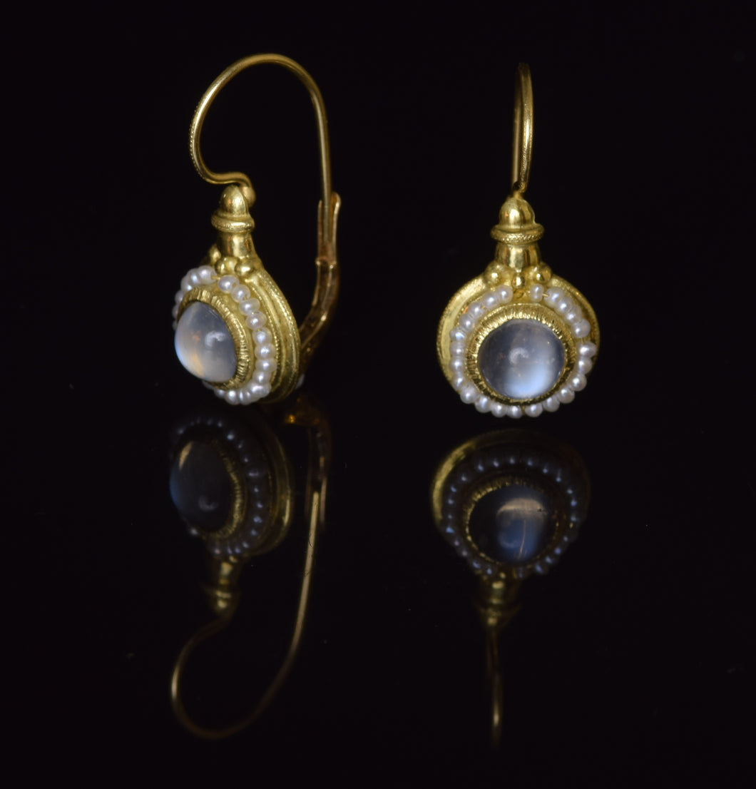 18K yellow gold 6 1/2 mm moonstone cabochon French hook earrings with seed pearls