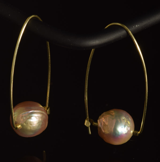 14K yellow gold round pink large round baroque freshwater pearl Polly hoops