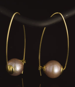 14K yellow gold round pink large round freshwater pearl Polly hoops