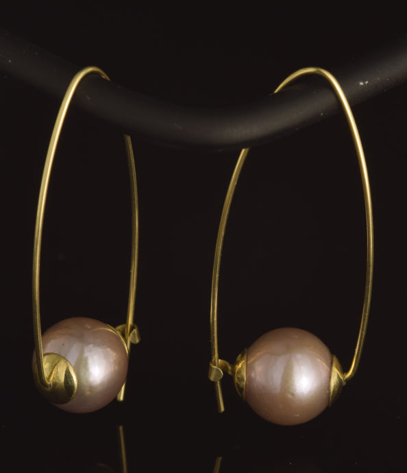 14K yellow gold round pink large round freshwater pearl Polly hoops