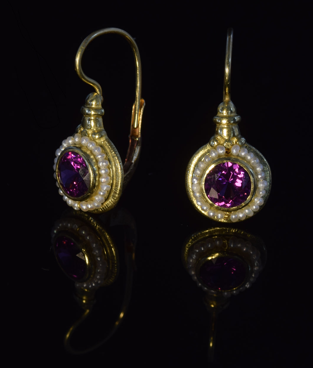 18K yellow gold 6 1/2 mm faceted rhodolite garnet French hook earrings with seed pearls