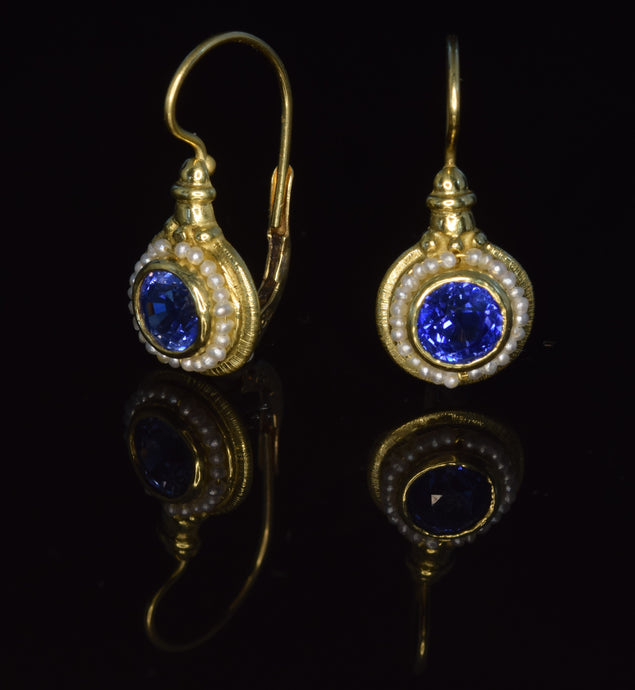 18K yellow gold 6 1/2 mm faceted sapphire French hook earrings with seed pearls