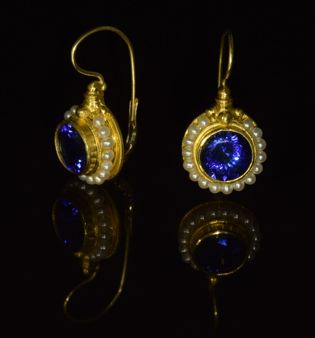 22K and 18K 9mm Tanzanite seed pearl French hook earrings